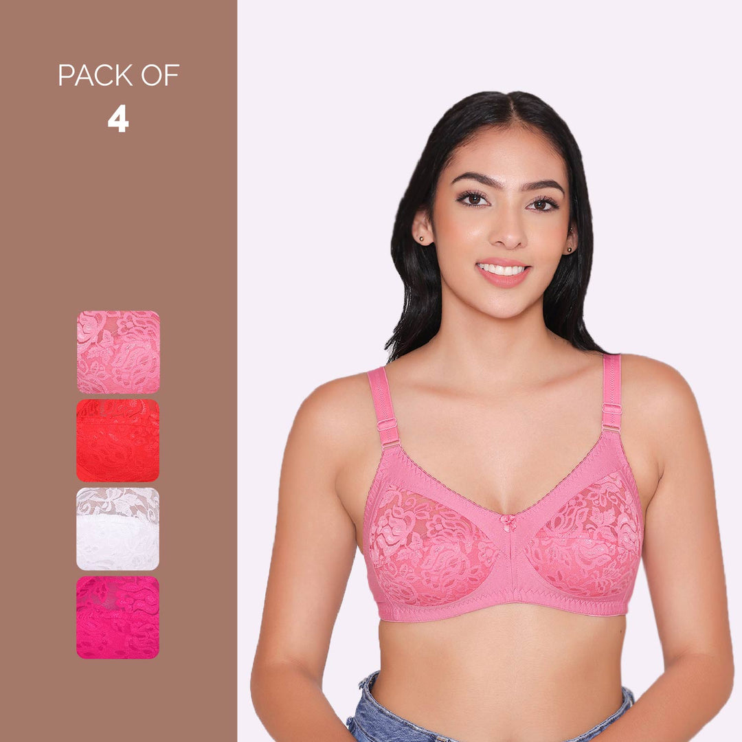 Women's Non Padded Full Coverage Net Bra (Pack of 4)-Thea