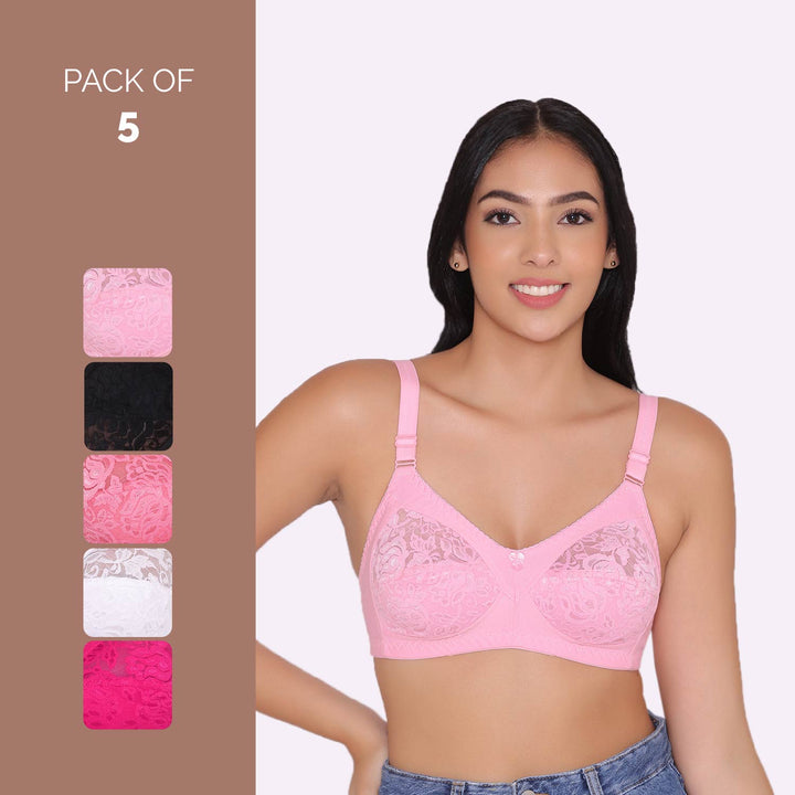 Women's Non Padded Full Coverage Net Bra (Pack of 5)-Thea