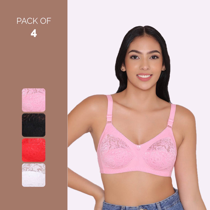Women's Non Padded Full Coverage Net Bra (Pack of 4)-Thea