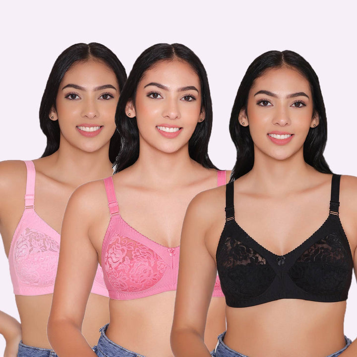 Women's Non Padded Full Coverage Net Bra (Pack of 3)-Thea