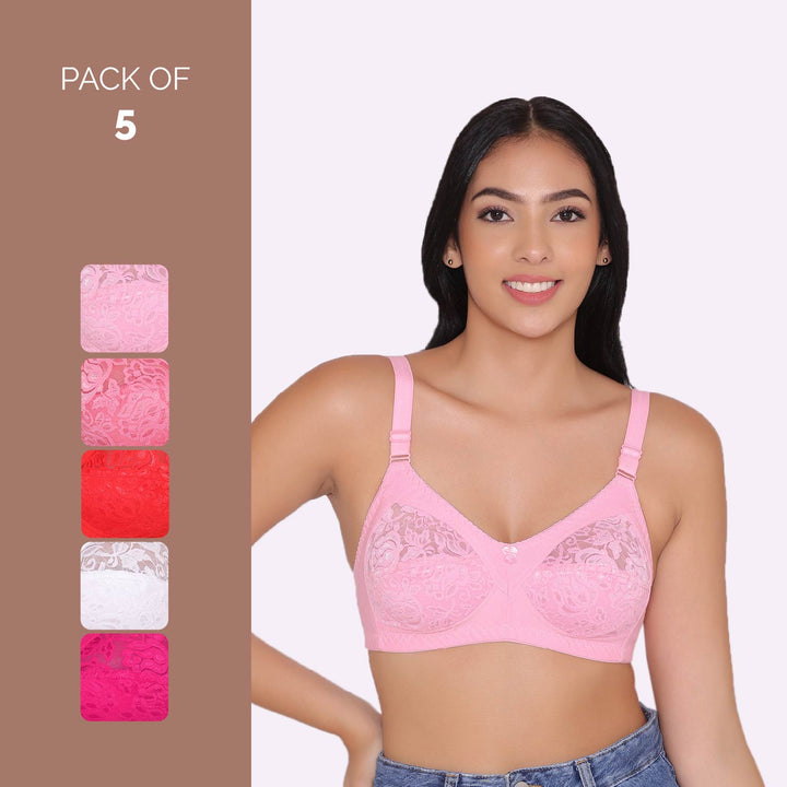 Women's Non Padded Full Coverage Net Bra (Pack of 5)-Thea