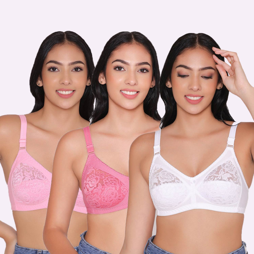 Women's Non Padded Full Coverage Net Bra (Pack of 3)-Thea