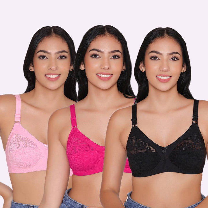 Women's Non Padded Full Coverage Net Bra (Pack of 3)-Thea
