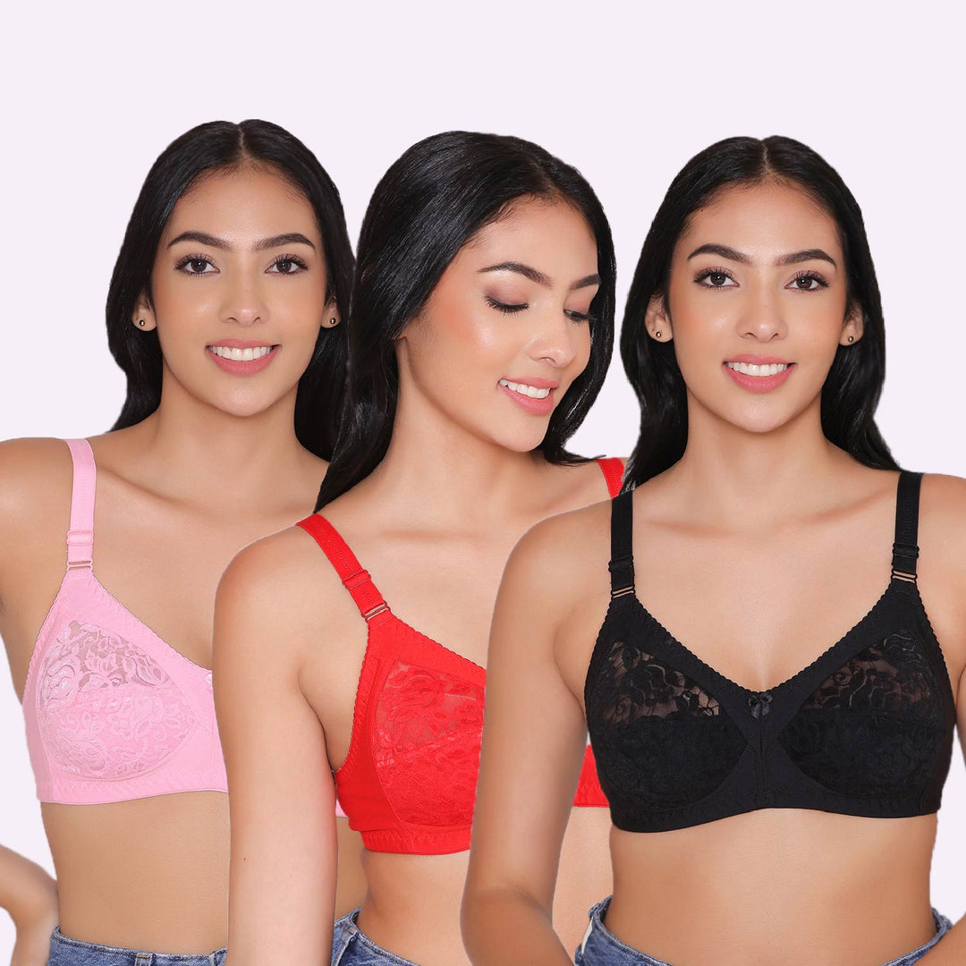 Women's Non Padded Full Coverage Net Bra (Pack of 3)-Thea