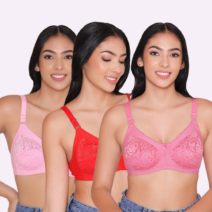 Women's Non Padded Full Coverage Net Bra (Pack of 3)-Thea