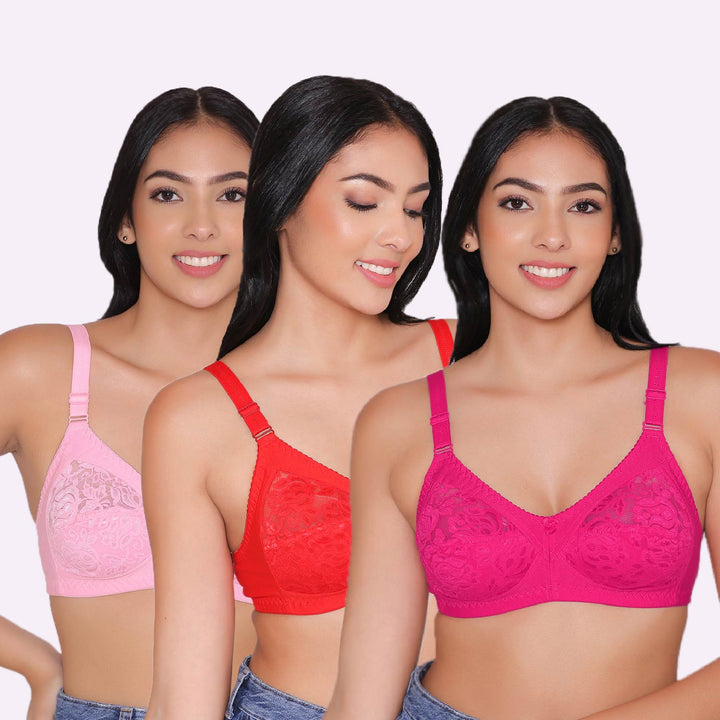 Women's Non Padded Full Coverage Net Bra (Pack of 3)-Thea