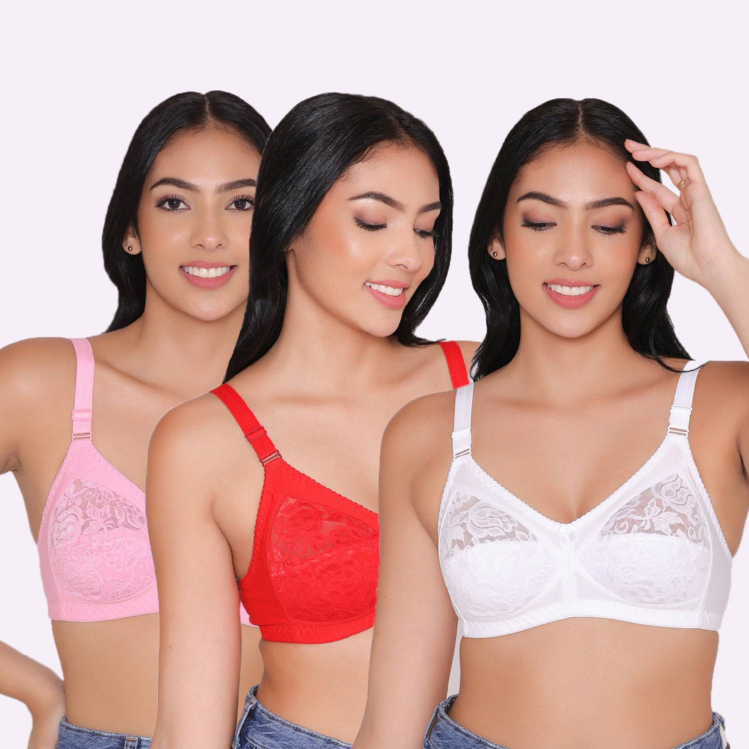 Women's Non Padded Full Coverage Net Bra (Pack of 3)-Thea