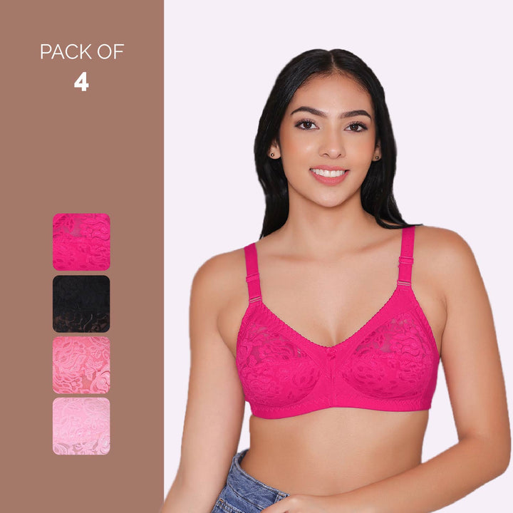 Women's Non Padded Full Coverage Net Bra (Pack of 4)-Thea
