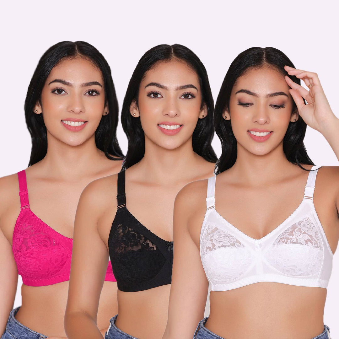 Women's Non Padded Full Coverage Net Bra (Pack of 3)-Thea