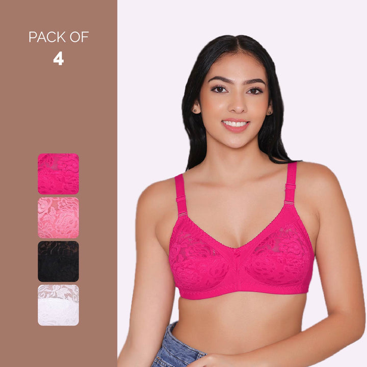 Women's Non Padded Full Coverage Net Bra (Pack of 4)-Thea