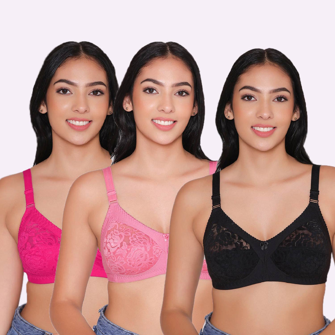 Women's Non Padded Full Coverage Net Bra (Pack of 3)-Thea