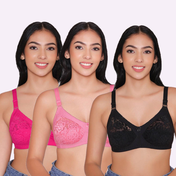 Women's Non Padded Full Coverage Net Bra (Pack of 3)-Thea