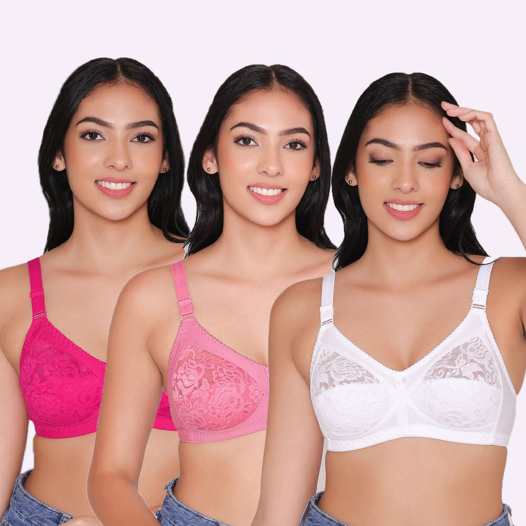 Women's Non Padded Full Coverage Net Bra (Pack of 3)-Thea