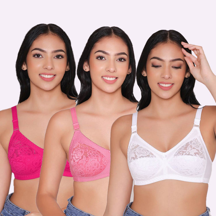 Women's Non Padded Full Coverage Net Bra (Pack of 3)-Thea