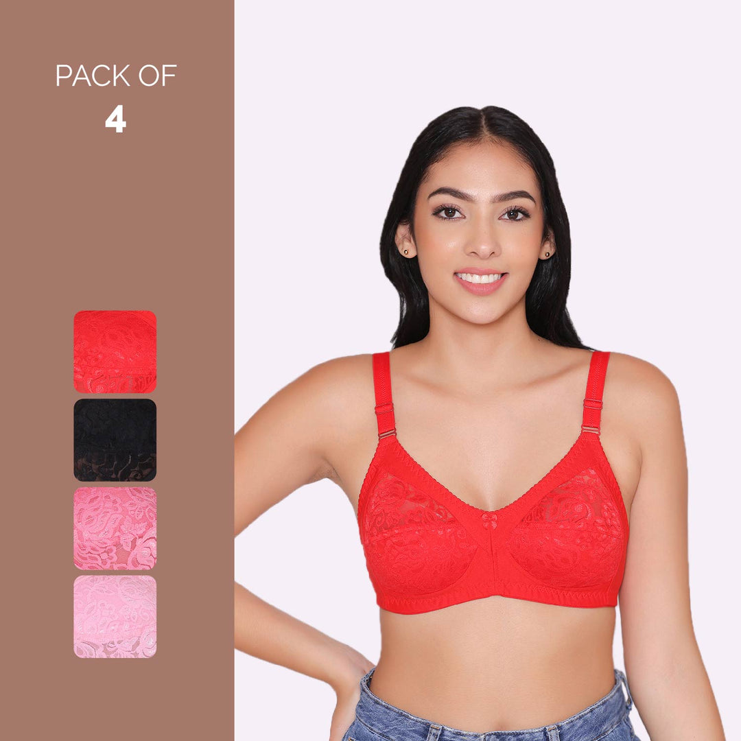 Women's Non Padded Full Coverage Net Bra (Pack of 4)-Thea
