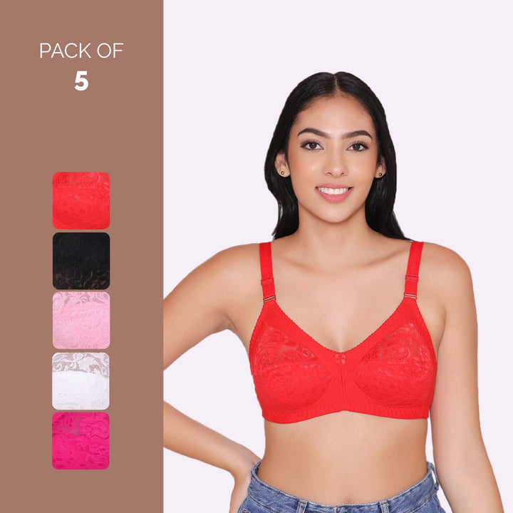 Women's Non Padded Full Coverage Net Bra (Pack of 5)-Thea