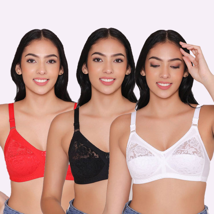 Women's Non Padded Full Coverage Net Bra (Pack of 3)-Thea
