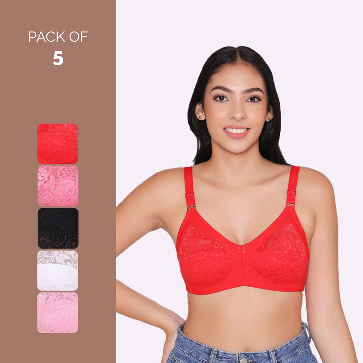 Women's Non Padded Full Coverage Net Bra (Pack of 5)-Thea