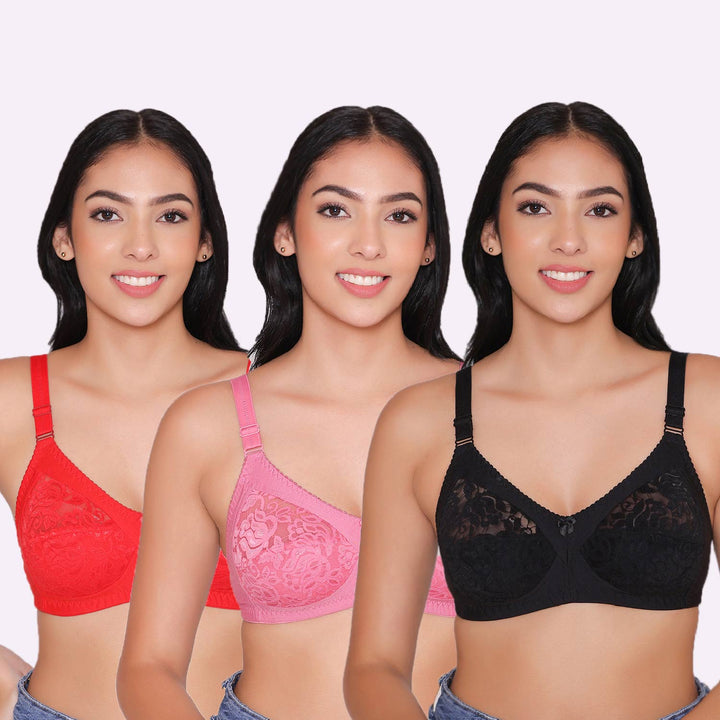 Women's Non Padded Full Coverage Net Bra (Pack of 3)-Thea