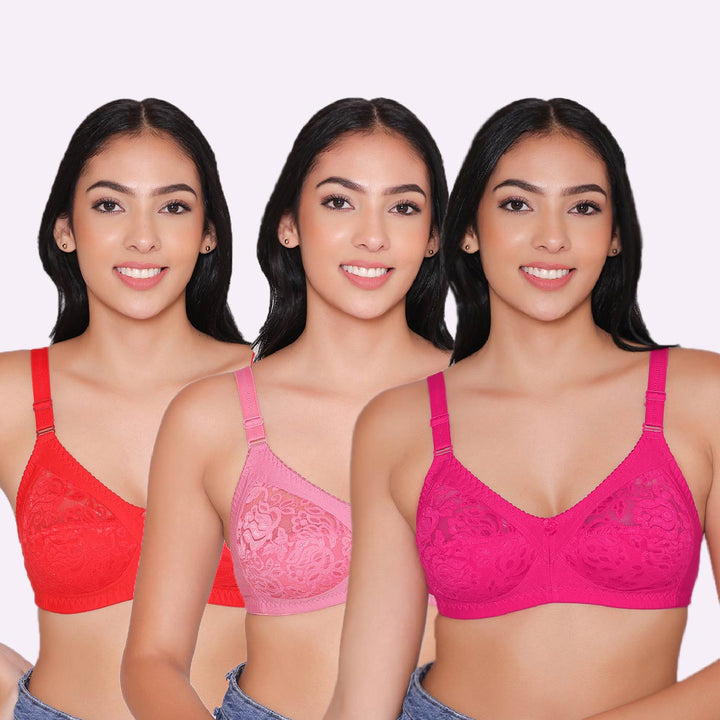 Women's Non Padded Full Coverage Net Bra (Pack of 3)-Thea