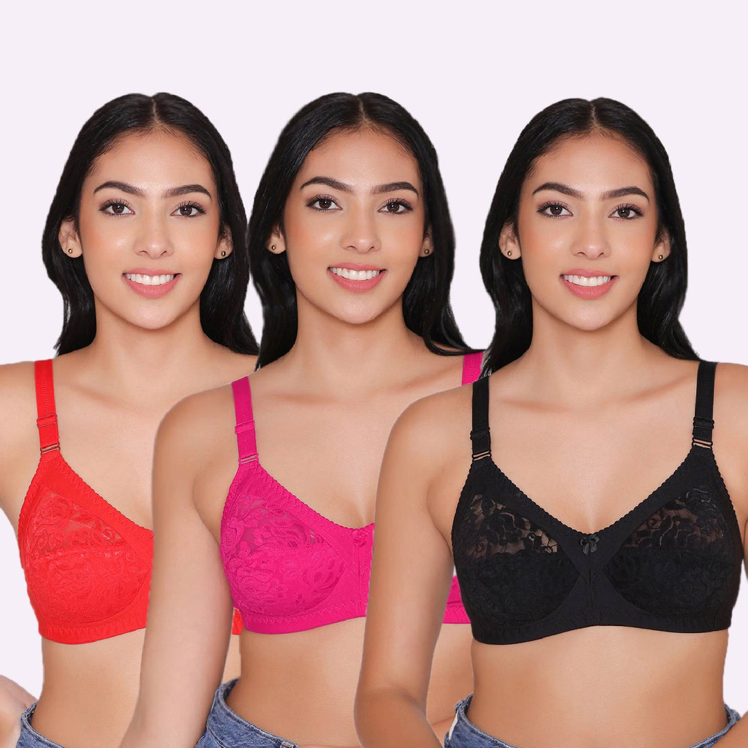 Women's Non Padded Full Coverage Net Bra (Pack of 3)-Thea