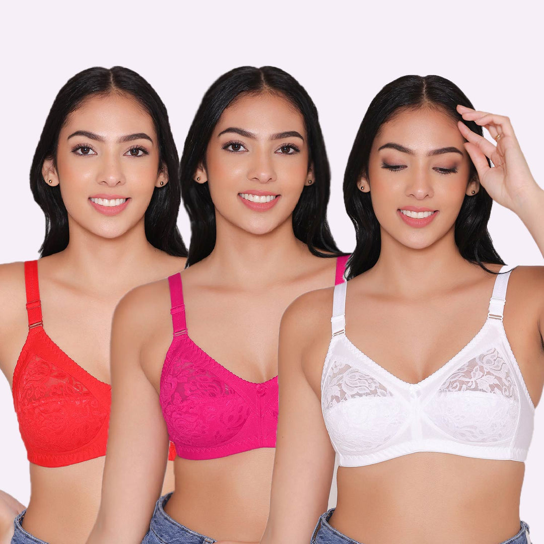 Women's Non Padded Full Coverage Net Bra (Pack of 3)-Thea
