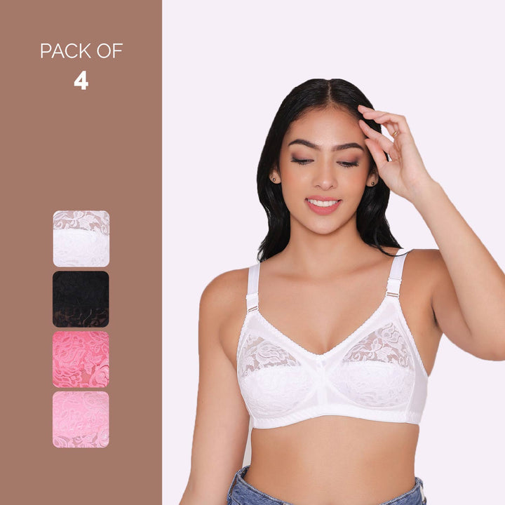 Women's Non Padded Full Coverage Net Bra (Pack of 4)-Thea