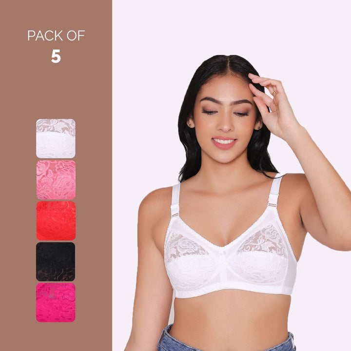 Women's Non Padded Full Coverage Net Bra (Pack of 5)-Thea