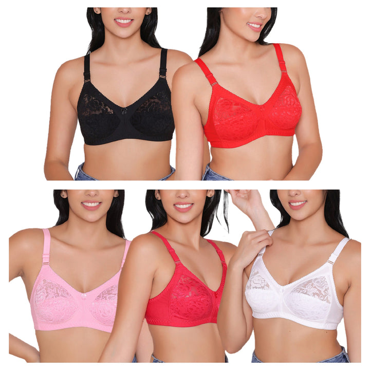 Women's Non Padded Full Coverage Net Bra (Pack of 5)-Thea