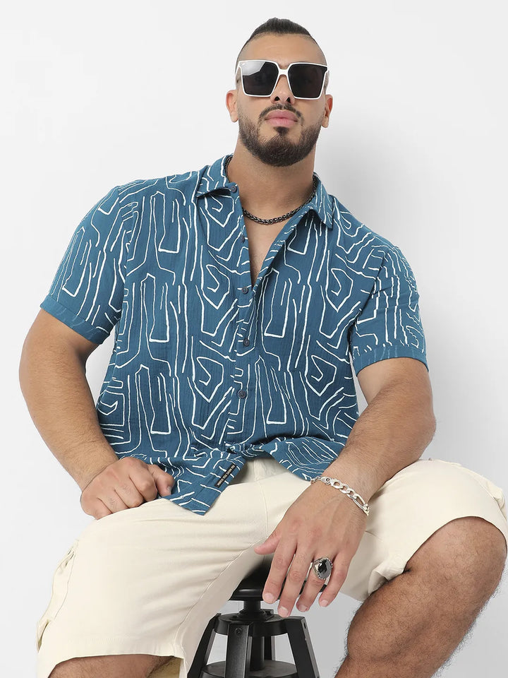 Teal Blue Abstract Lines Print Shirt