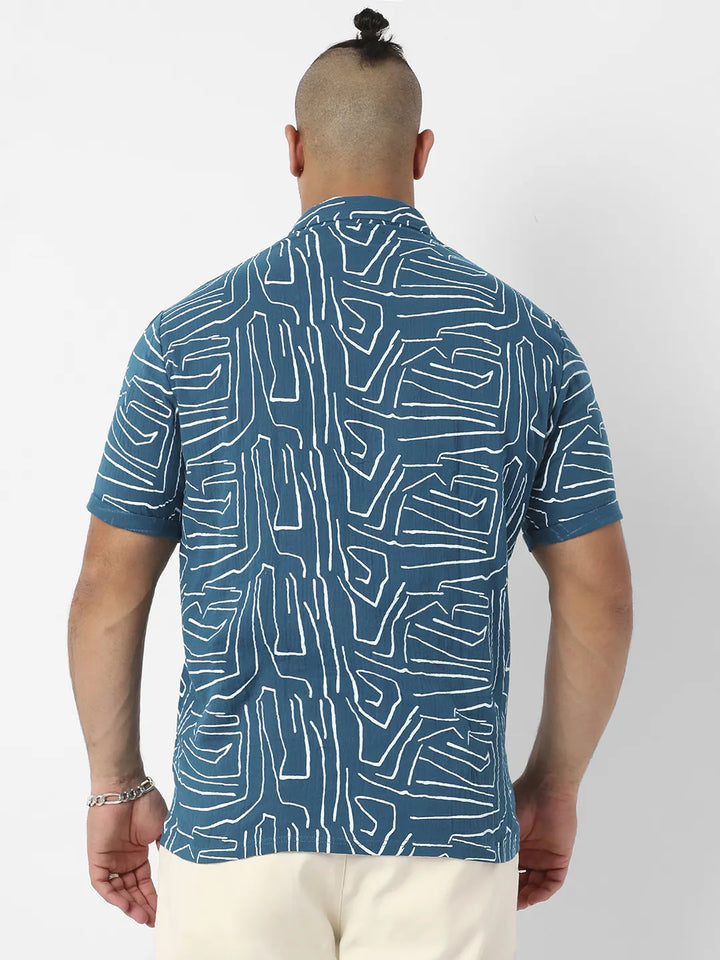 Teal Blue Abstract Lines Print Shirt