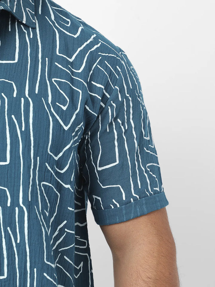 Teal Blue Abstract Lines Print Shirt