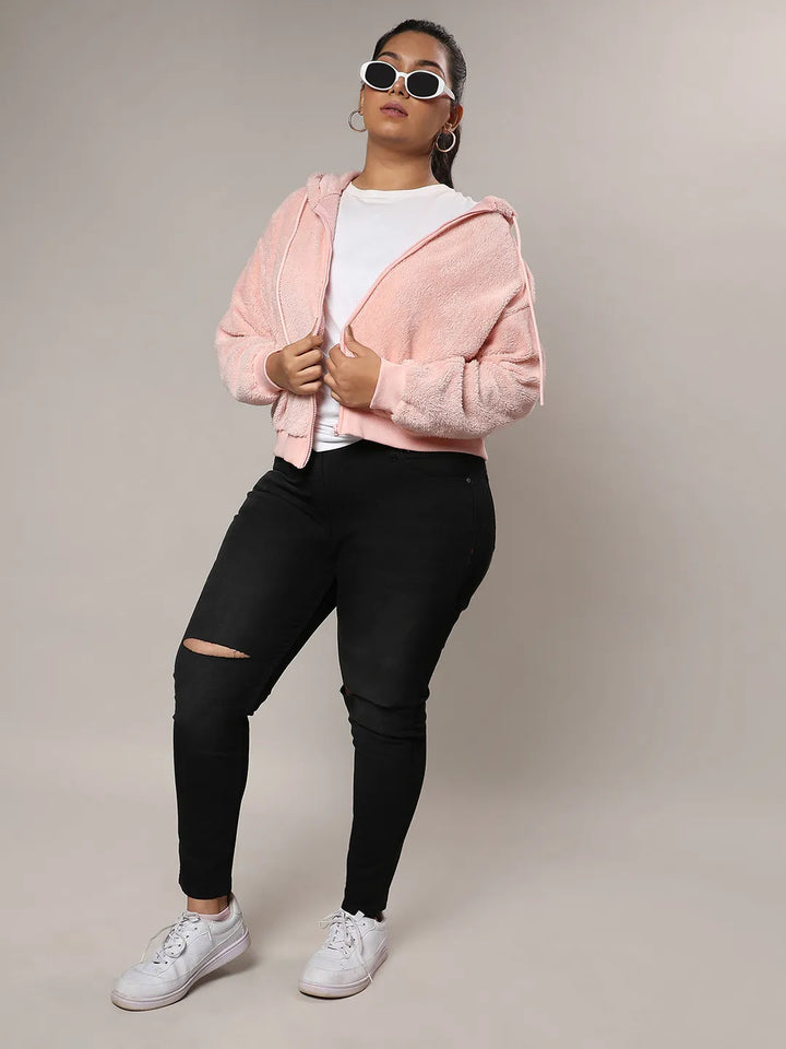 Baby Pink Furry Hoodie With Ribbed Hem