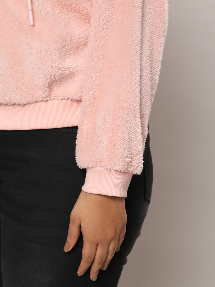 Baby Pink Furry Hoodie With Ribbed Hem