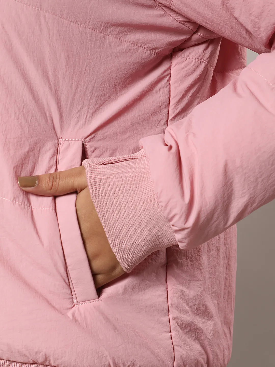Blush Pink Puffer Jacket With Angled Open Pockets