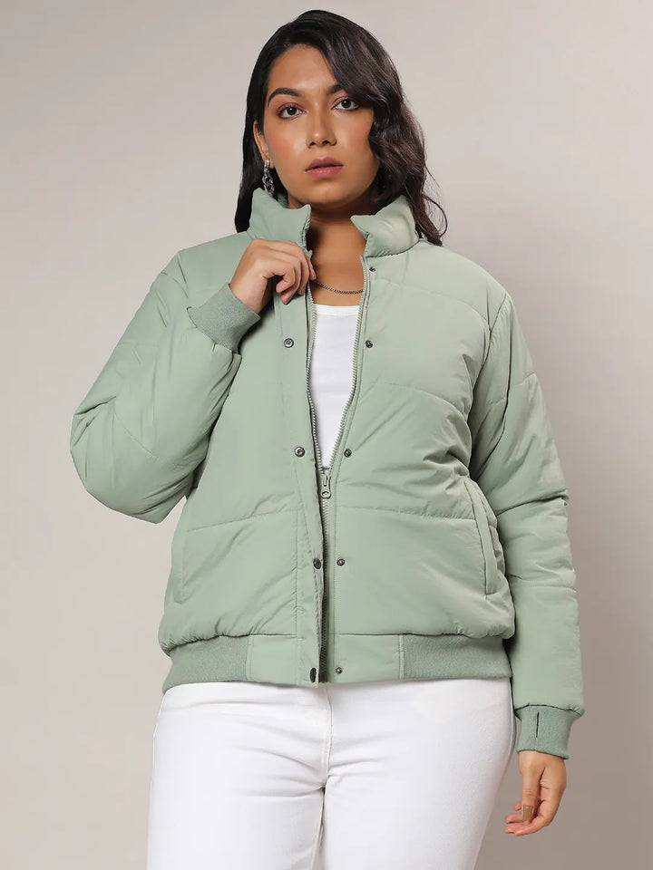 Sage Green Quilted Bomber Jacket With Ribbed Hem