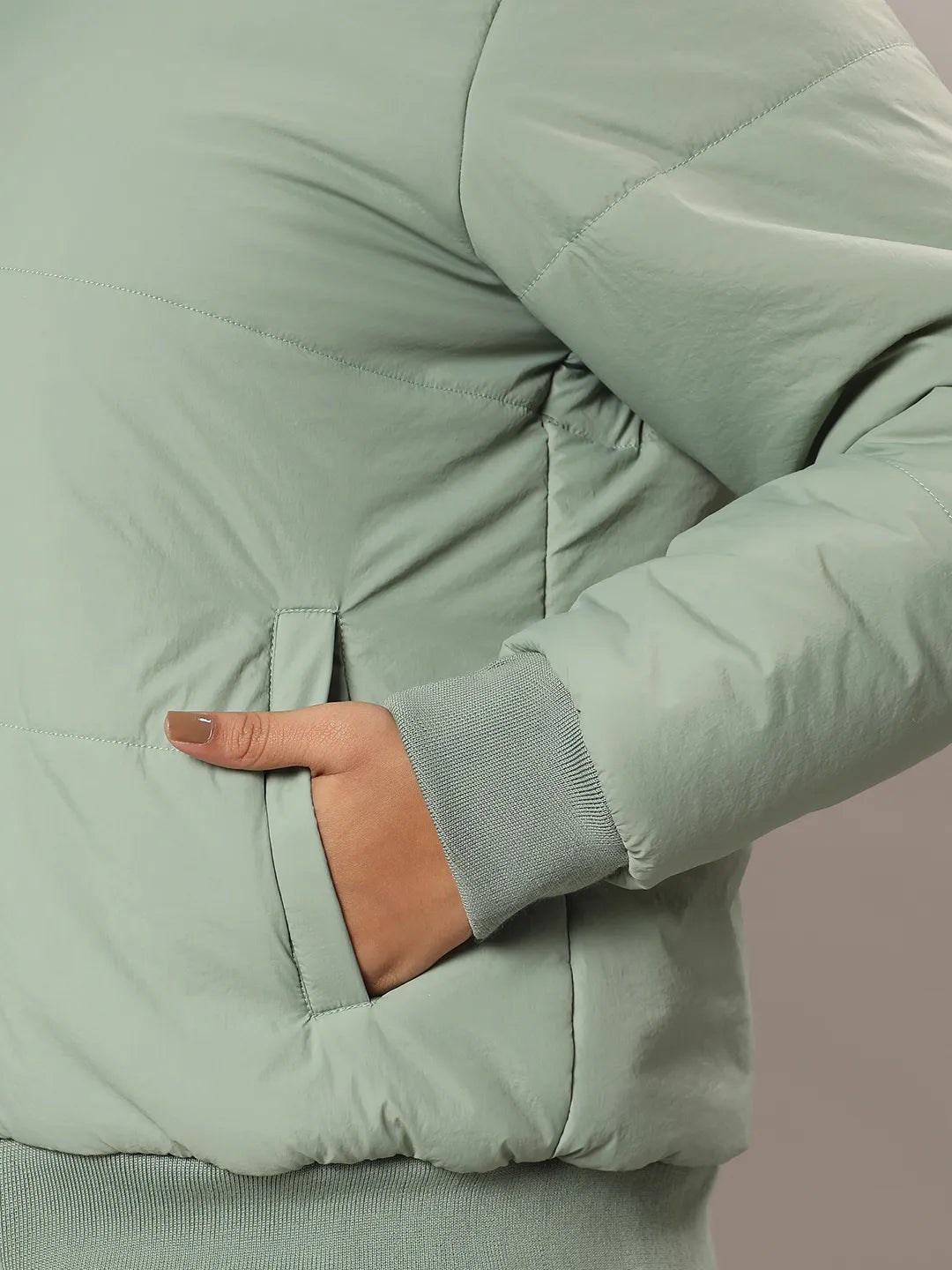 Sage Green Quilted Bomber Jacket With Ribbed Hem