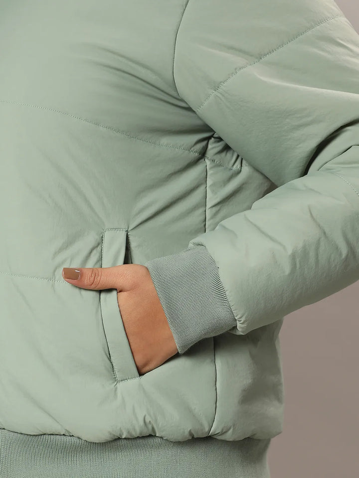 Sage Green Quilted Bomber Jacket With Ribbed Hem