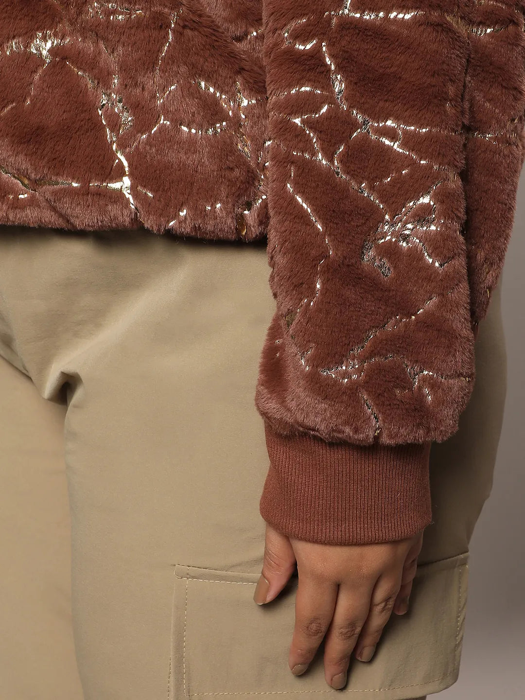 Chocolate Brown Metallic Veined Faux Fur Jacket