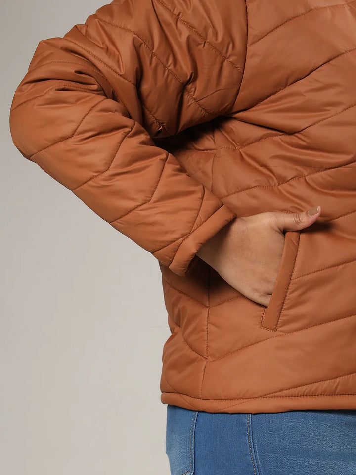 Tan Brown Quilted Puffer Jacket With Zip Closure