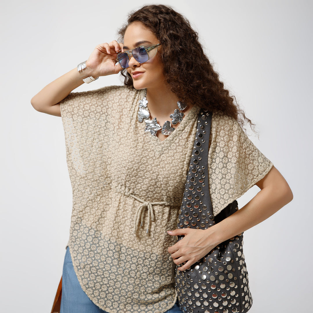 Beige Lace Fabric Kaftan With Spaghetti