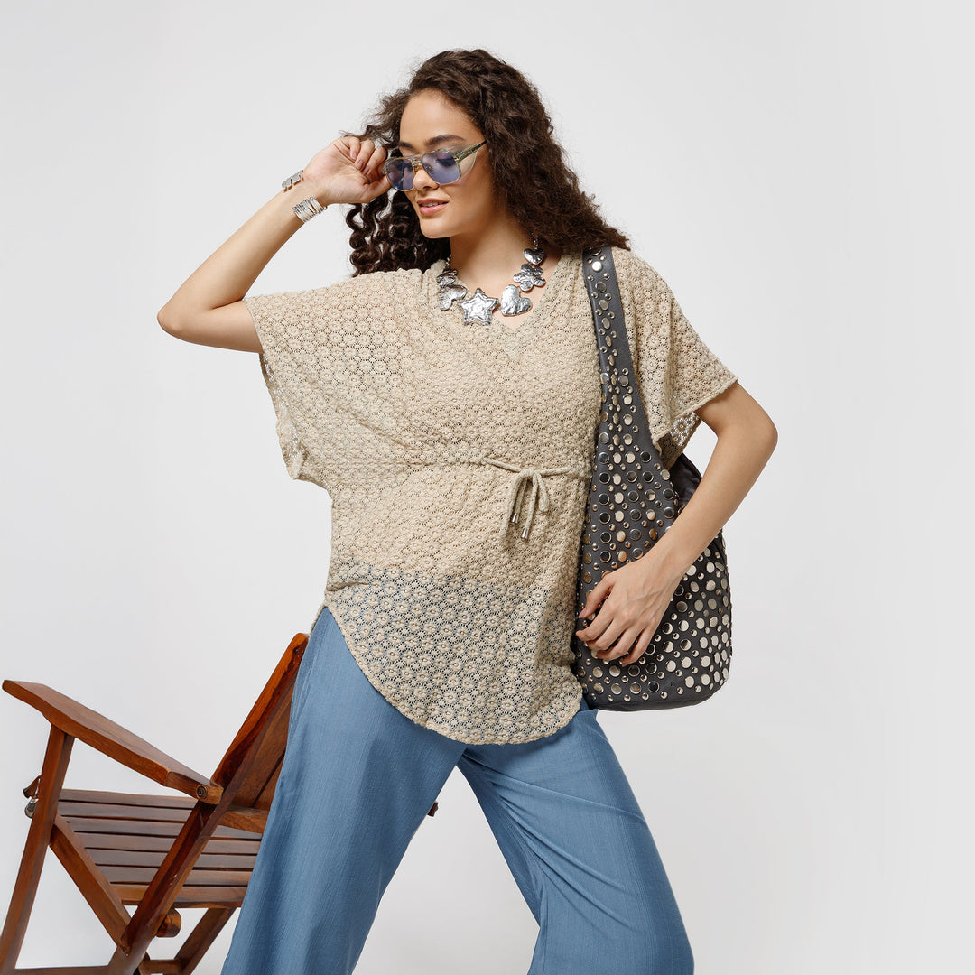 Beige Lace Fabric Kaftan With Spaghetti