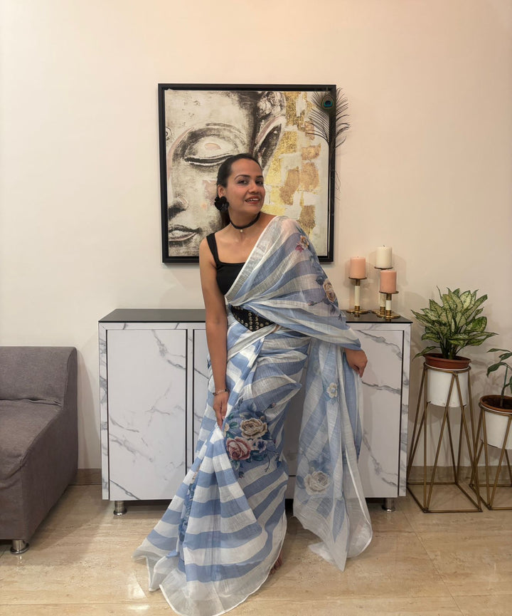 Stripes cotton linen digital print Light Blue with White saree with silver border.