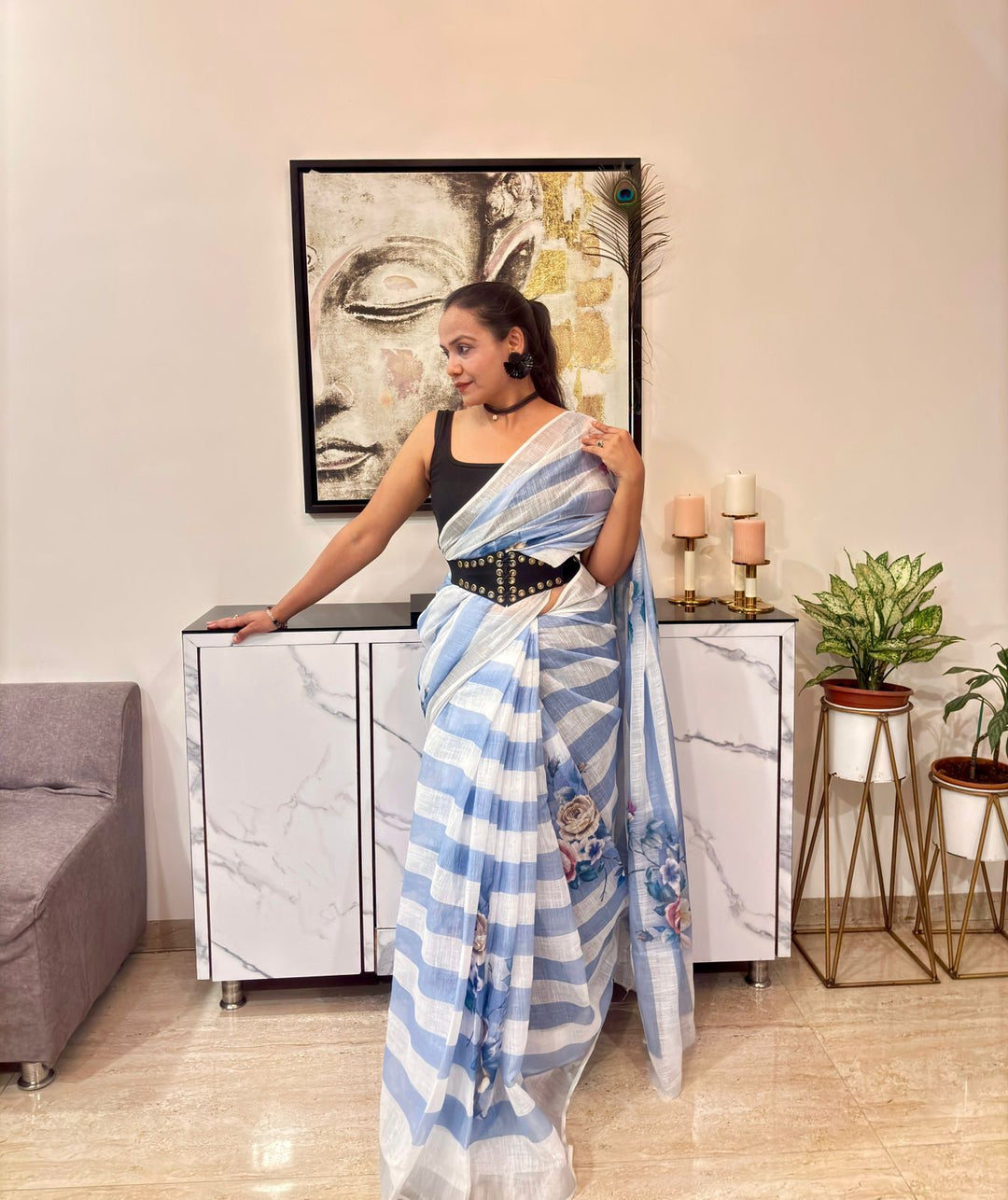 Stripes cotton linen digital print Light Blue with White saree with silver border.