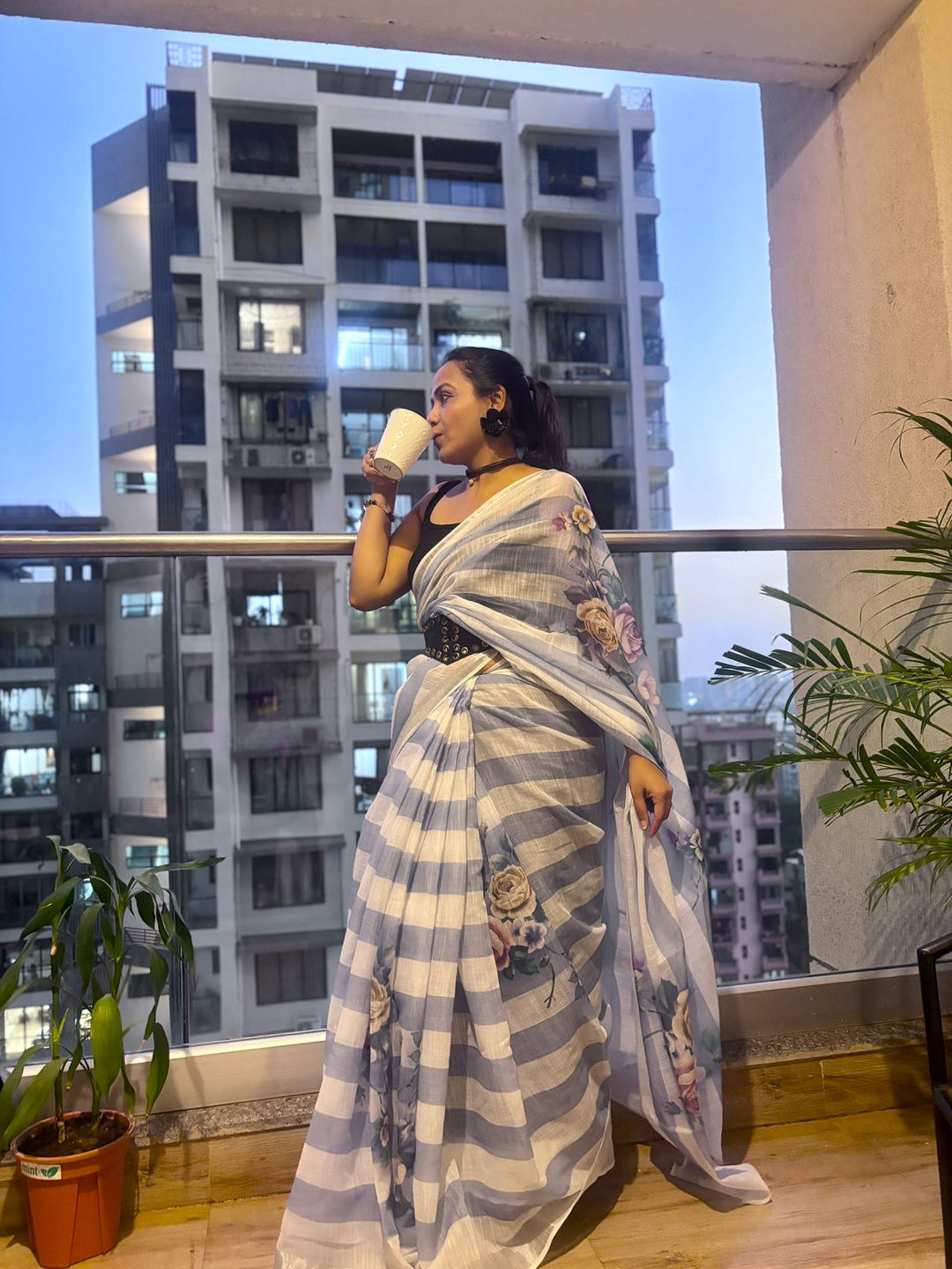 Stripes cotton linen digital print Light Blue with White saree with silver border.