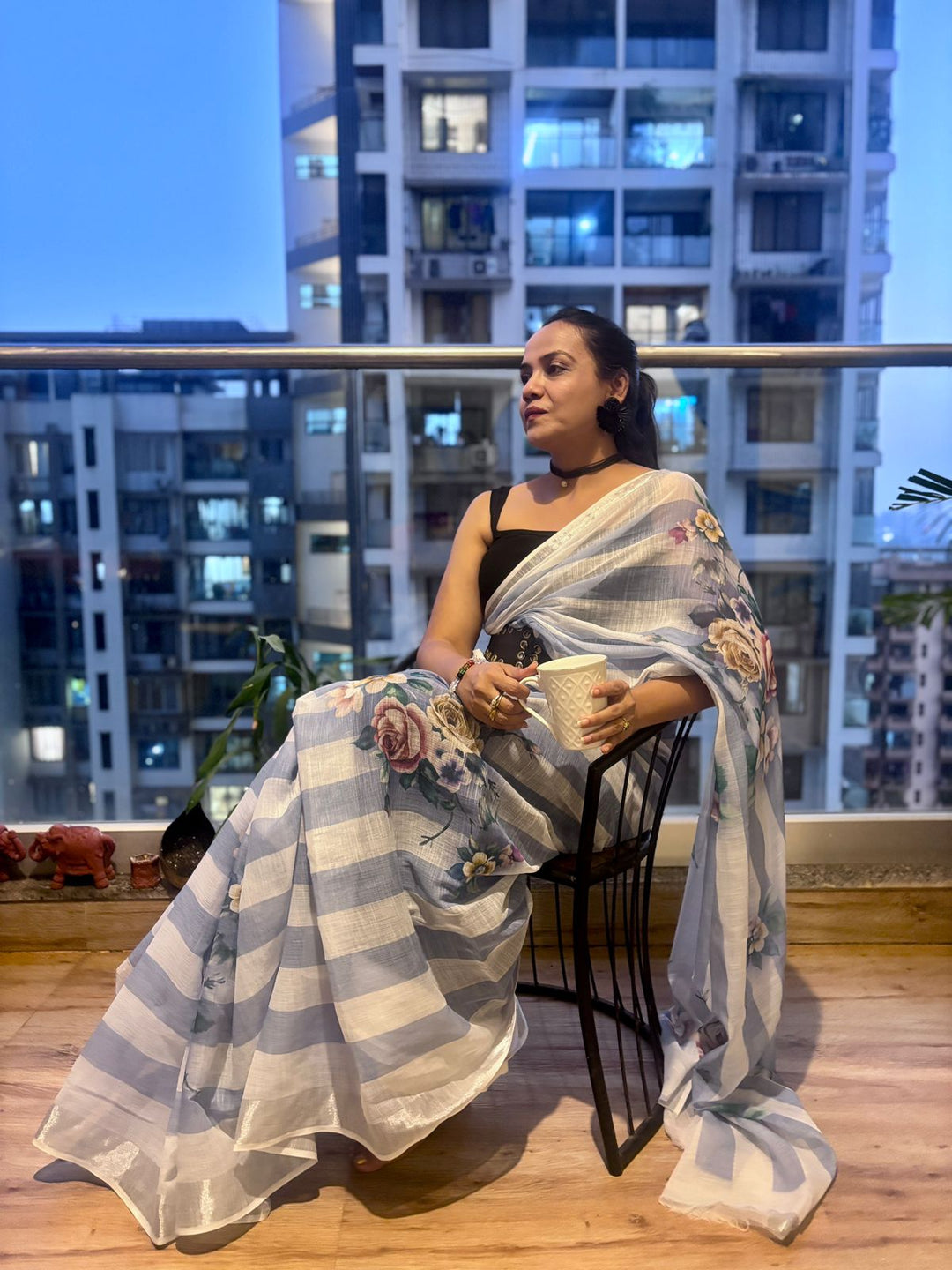 Stripes cotton linen digital print Light Blue with White saree with silver border.