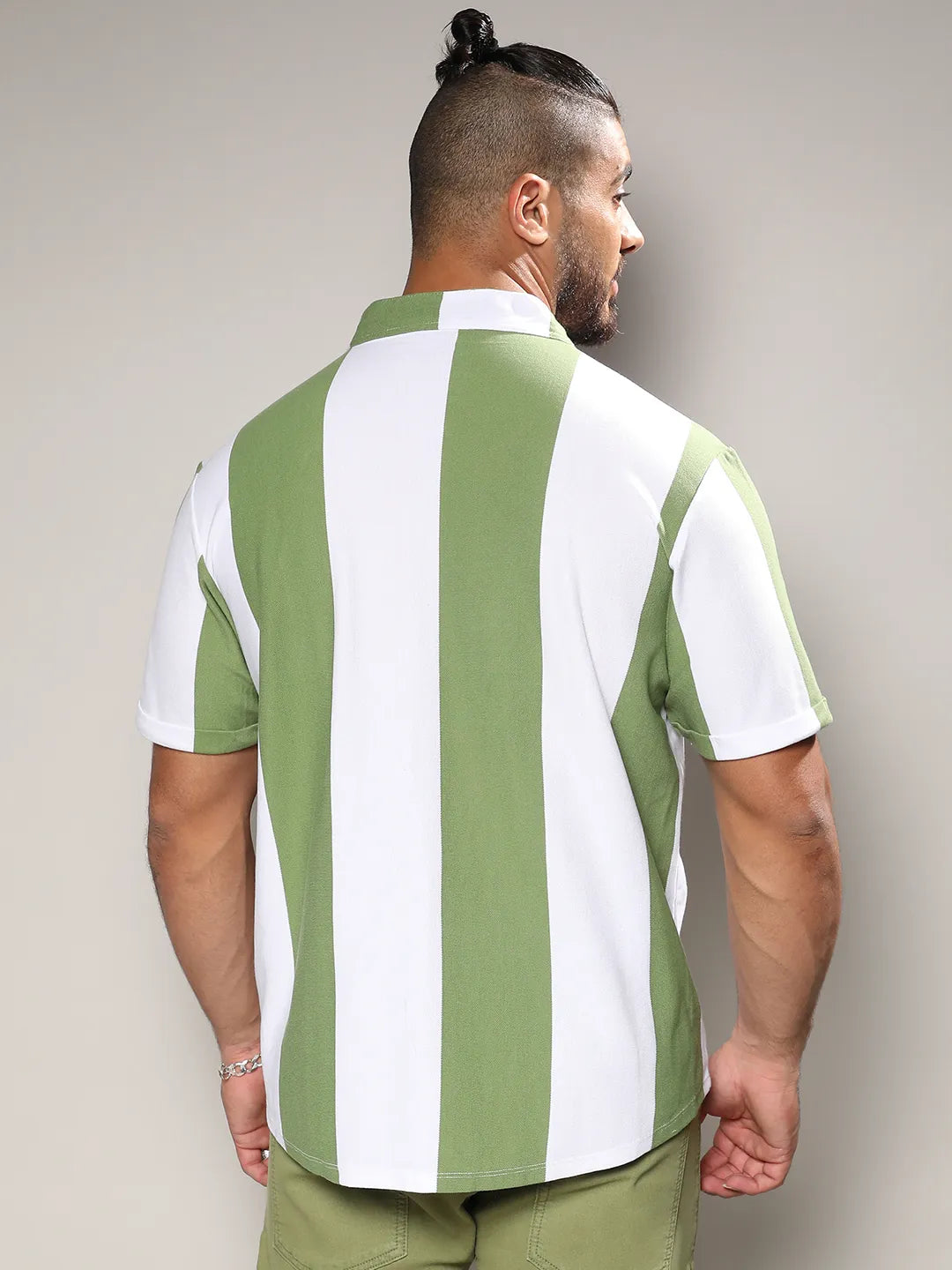 White And Green Striped Casual Shirt