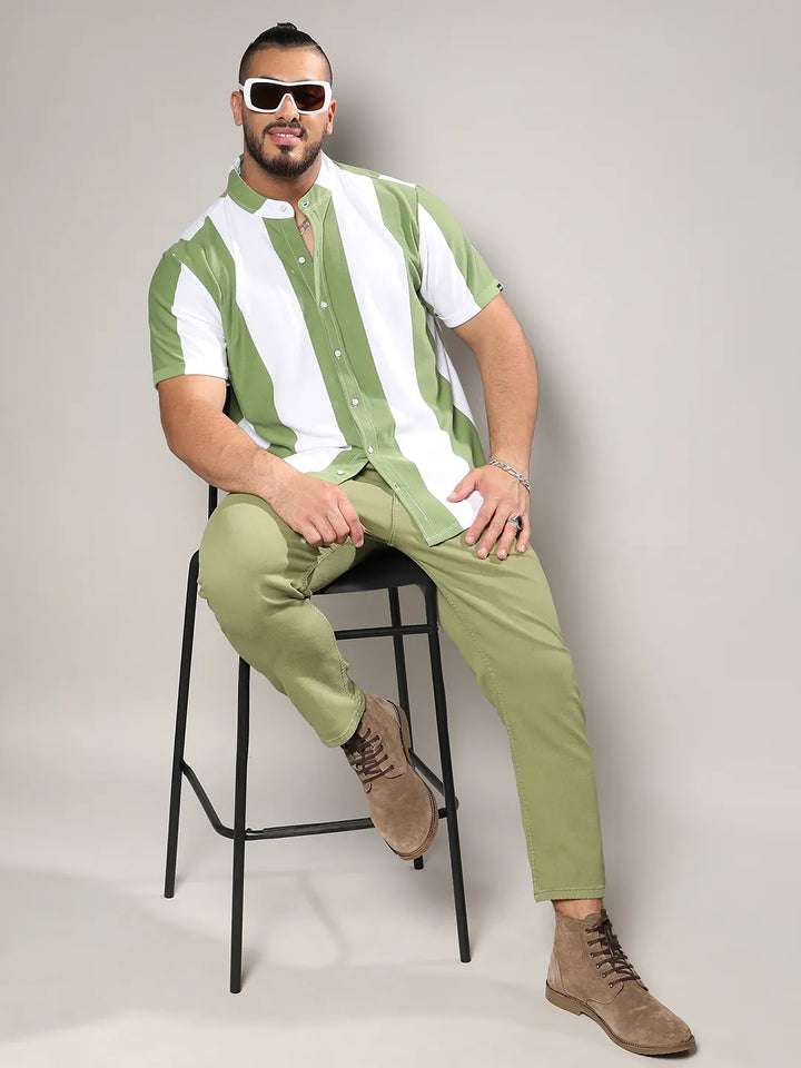 White And Green Striped Casual Shirt