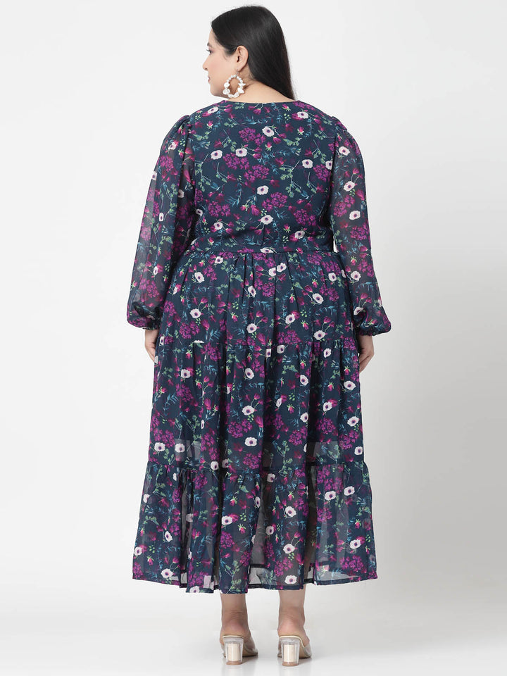 Plus Size  Navy Blue, Pink & White Floral Printed Puff Sleeves Fit & Flare Maxi Dress