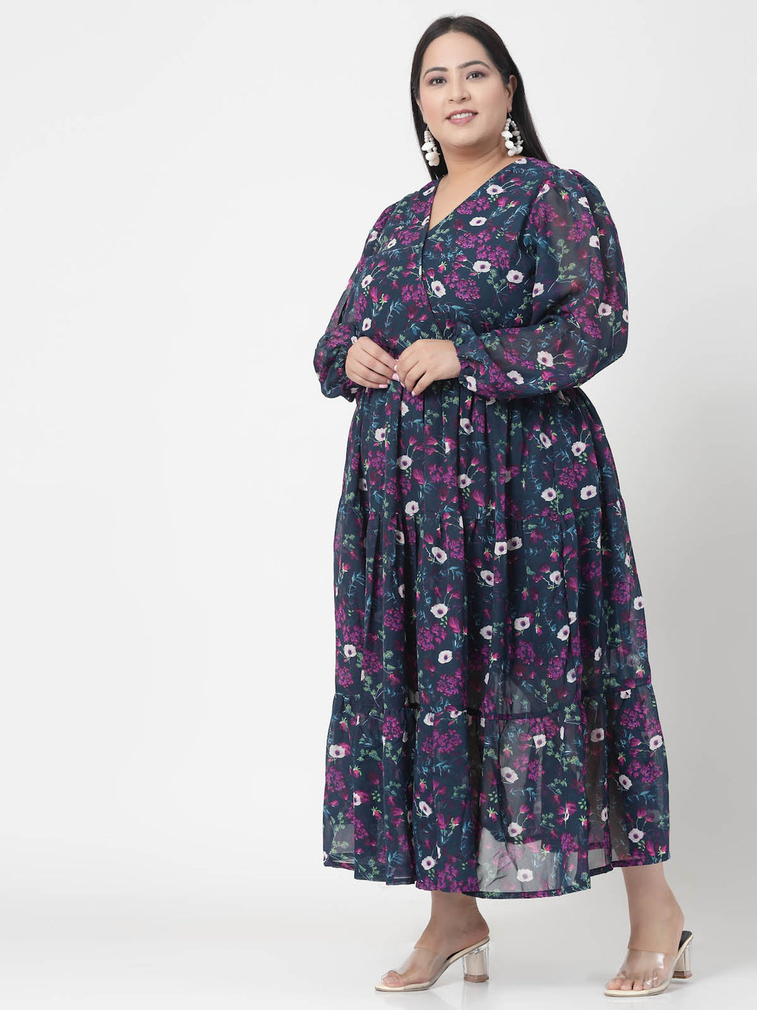 Plus Size  Navy Blue, Pink & White Floral Printed Puff Sleeves Fit & Flare Maxi Dress